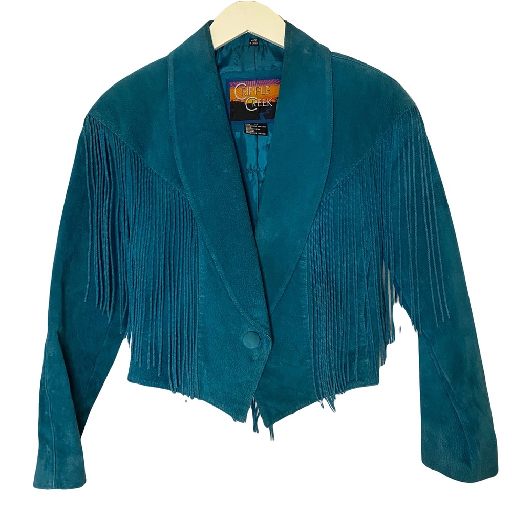 Vintage Cripple Creek Teal Suede Fringe Jacket